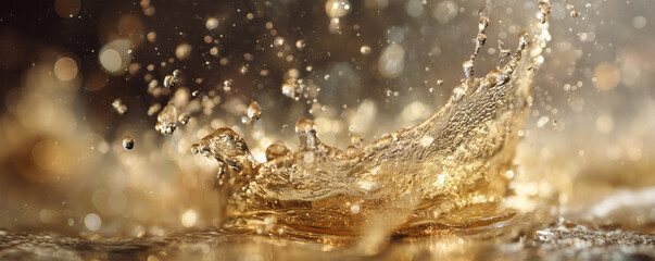 Champagne splash frozen in motion with soft bokeh and glowing trails, evoking a sense of luxury and celebration, captured in an elegant editorial style