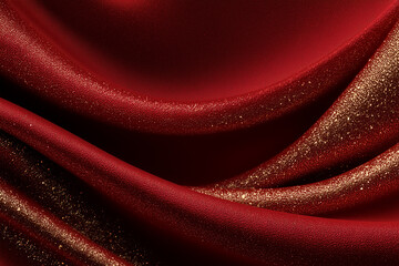 Soft red satin folds adorned with gold glitter dust create a warm and festive glow suitable for holiday decorations and Christmas celebrations, inviting a sense of elegance and joy in any setting