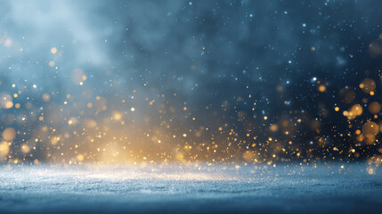 background featuring a sparkling, grainy foreground surface, possibly snow or ice, with luminous golden and blue bokeh particles rising into deep, hazy blue atmosphere. Perfect for themes of Christmas
