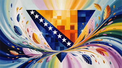 Vibrant abstract Bosnia and Herzegovina flag triangle with colorful feathers, stars and flowing paint strokes illustration