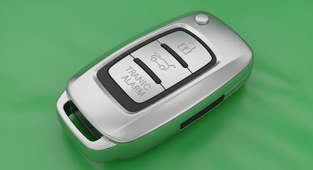 A close-up view of a modern car key fob with buttons for lock, unlock, trunk, and a panic alarm, placed on a vibrant green background