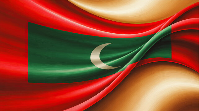 Abstract waving Maldives flag illustration with golden textured background, elegant 3D silk fabric folds and patriotic crescent design