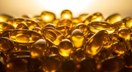 A macro shot of a pile of golden, translucent softgel capsules glowing with a warm backlight.
