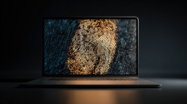 Laptop displaying digital fingerprint for biometric security, copy space