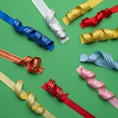 Colorful curled ribbons arranged on a vibrant green background for celebration or decoration purposes