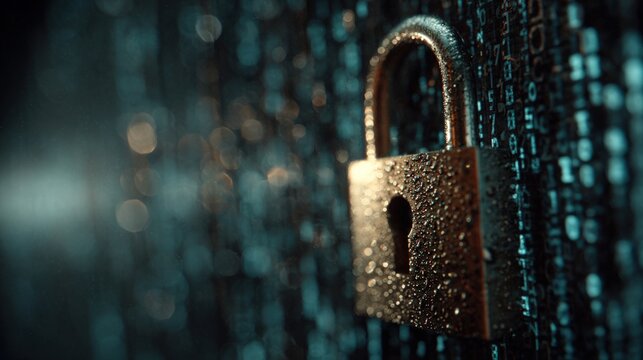 Padlock locking digital data stream security concept, copy space