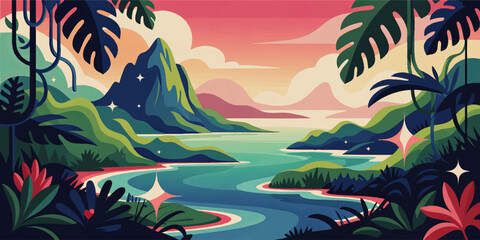 Tropical fantasy landscape illustration with vibrant sunset sky, river lagoon, lush jungle mountains and dreamy colorful nature background