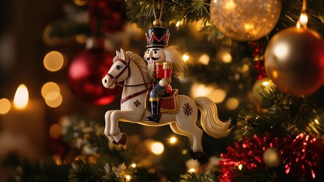 Nutcracker Ornament on Horseback Adorns a Christmas Tree with Bokeh Lights.