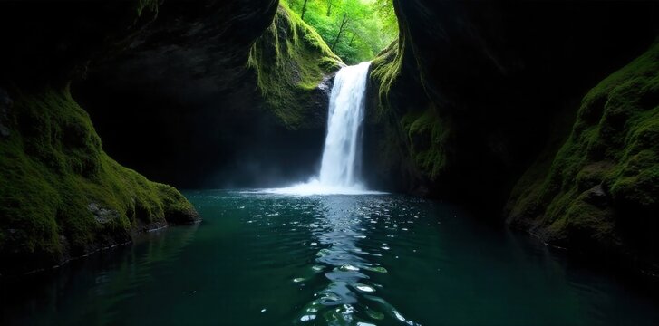 Hidden Waterfall Grotto Crystal clear water cascading into a secluded pool surrounded by lush moss and ferns. A secluded rainforest grotto with a crystal clear waterfall cascading into a pristine,