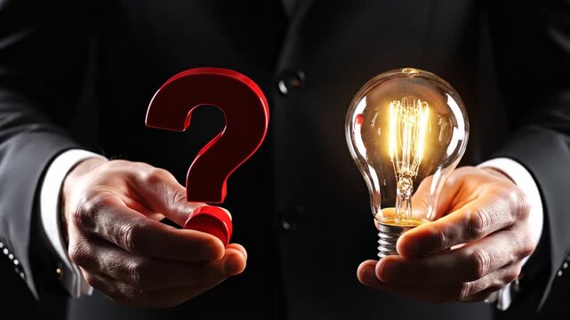 Businessman Holding Question Mark and Lightbulb – Idea and Innovation Concept