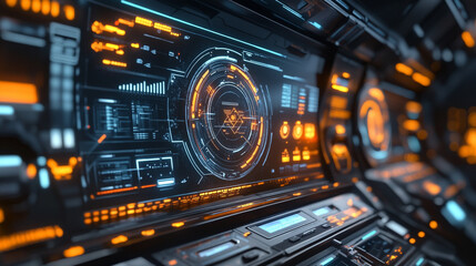 A sleek futuristic industrial interface with glowing panels, mechanical details, holographic elements, and vertical high-tech UI architecture.