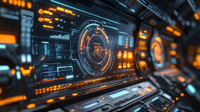 A sleek futuristic industrial interface with glowing panels, mechanical details, holographic elements, and vertical high-tech UI architecture.