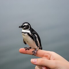 Obraz premium Magellanic Penguin Perched on a Human Finger in Natural Habitat.