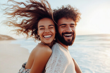 young, diverse couple laughing and embracing on a sun-drenched beach with wind-blown hair. Ideal for romance, travel, relationship, summer vacation, and lifestyle advertising.