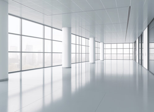 empty modern office interior with large windows overlooking a city skyline. Use for corporate real estate, business future, minimalist design, architectural background, or a product showcase mockup.