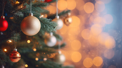 Cozy Gold and Red Christmas Tree Ornaments Hanging Against Warm Bokeh Lights. for holiday web banners, festive family blogs, or winter advertisement campaigns.