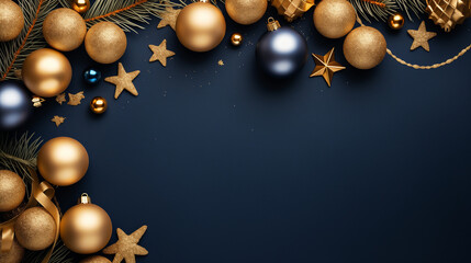 Luxurious Gold and Navy Blue Christmas Border with Fir Branches. for elegant holiday greeting cards, high-end seasonal advertising, or digital marketing background.