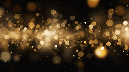 Abstract  luxury gold bokeh lights and glitter dust effect glowing against a dark black background. Ideal for party invitations, festive overlays, New Year celebrations, or awards ceremony graphics.