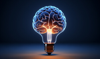 A glowing light bulb containing a blue, illuminated human brain, perfectly symbolizing the connection between idea generation, intelligence, and creative thinking.