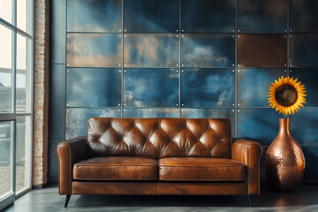 modern industrial interior living room featuring a rich brown tufted leather sofa against a dramatic, oxidized blue metal panel wall, illuminated by natural light from a large loft window.