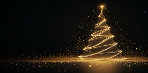 Abstract golden Christmas tree formed by swirling, glowing digital particles and illuminated dust on a reflective surface with a star topper, providing an elegant and luxurious holiday banner 
