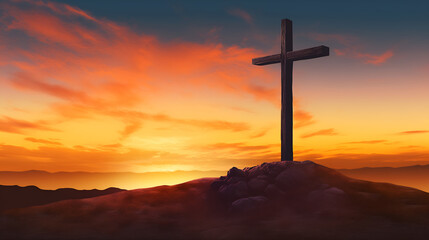 Solitary dark cross silhouette standing on a rocky hill or Calvary mound, dramatically backlit by a vivid  sunset or sunrise sky, symbolizing redemption, sacrifice, and Christian faith