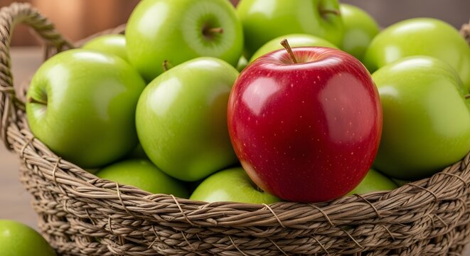 A basket filled with fresh green apples and a single red prominently placed in the center, showcasing vibrant colors and natural textures