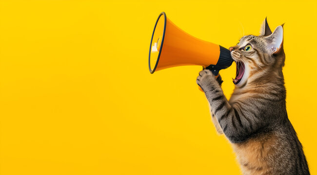 tabby cat holding an orange megaphone and aggressively shouting a loud announcement against a vibrant yellow background, perfect for urgent messages, sales, and communication concepts.