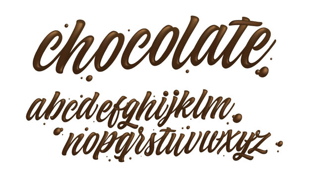 Latin alphabet made of dark melted chocolate with border. Sweet food packaging font. Liquid font style. Vector illustration.	