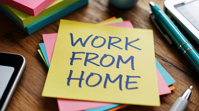 A yellow sticky note with a work from home reminder placed among office supplies on a wooden desk