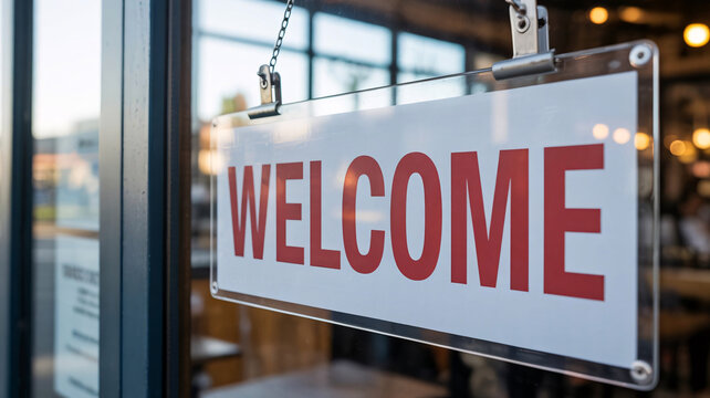 Welcome sign hanging on the glass door of a café or small retail shop
