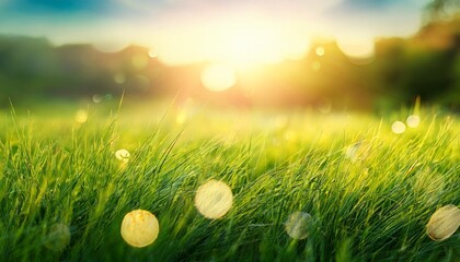 Natural Grass Field Background With Blurred Bokeh And Sun