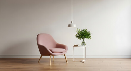 Modern living room interior with pink armchair, white table and lamp isolated on white background