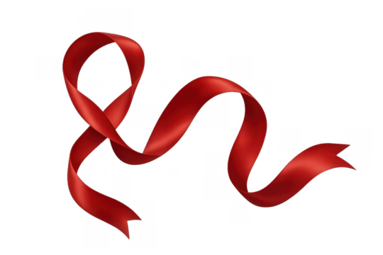 Red ribbon forming a loop, symbolizing awareness, support, and various causes on a transparent background