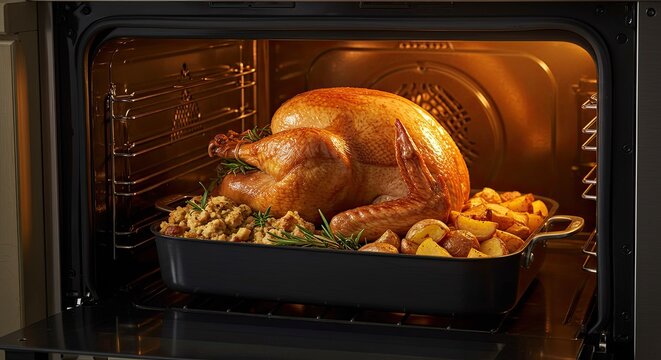 Golden brown Thanksgiving turkey roasting in oven with stuffing and potatoes for a holiday feast - Powered by Adobe