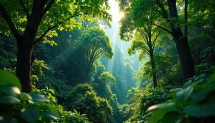 Emerald Green Rainforest Canopy A dense emerald green rainforest canopy, with sunlight filtering through the leaves. No animals or people. Lush green canopy