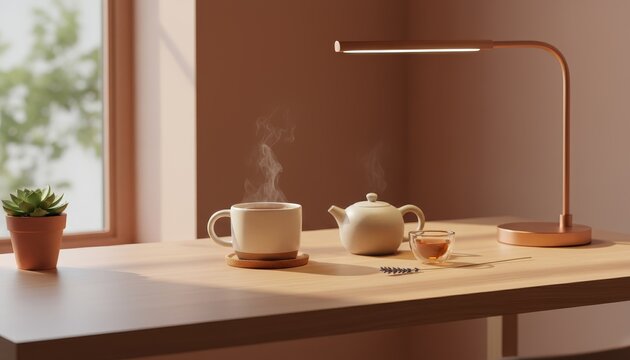 Warm minimalist desk with cup of tea and teapot