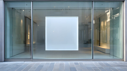 Modern Minimalist Gallery Facade: A sleek gallery facade, dominated by expansive glass panels and a framed square, epitomizes modern design, inviting contemplation. 