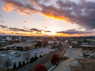 Aerial drone photo of a downtown city environment. Beautiful sunset. 