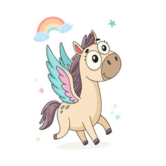 Cute cartoon pegasus with wings and large expressive eyes prancing happily against a white background with small rainbow and stars. Vector illustration for kids’ books, nursery prints, stickers, cards
