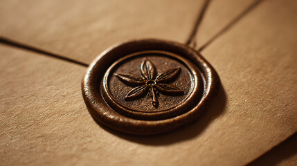 Timeless Seal of Correspondence: A detailed, close-up shot showcases an elegant seal with a intricate leaf design, pressed firmly into a rustic brown envelope.