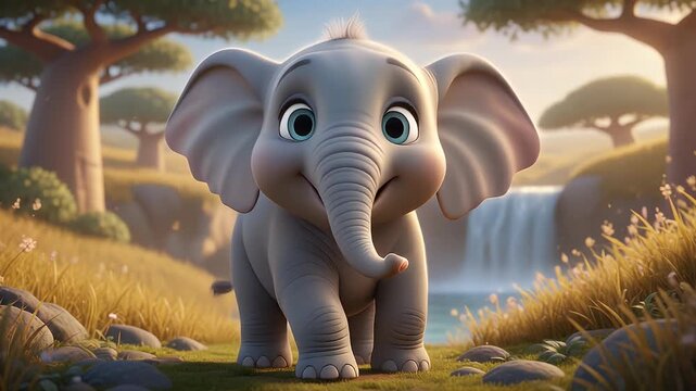 Adorable Baby Elephant Walking in a Lush African Landscape.