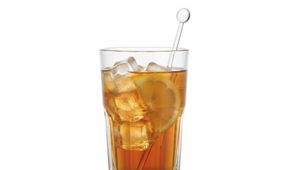 Glass of iced tea with lemon and ice on white background