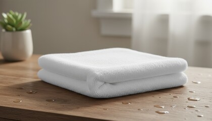 A folded white hand towel rests on a wooden table