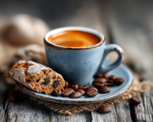 A delicious cup of coffee, accompanied by a cookie and coffee beans