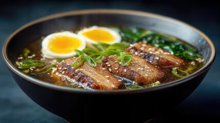 A close-up shot of a delicious bowl of ramen noodles with toppings of pork belly, soft-boiled eggs, and green onions. The dish is presented in a black bowl. 