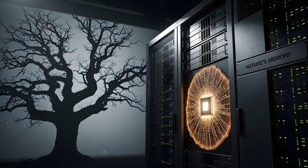 A modern data center with server racks and a digital representation of a microchip illuminated in front of a large shadow of a tree projection on the wall