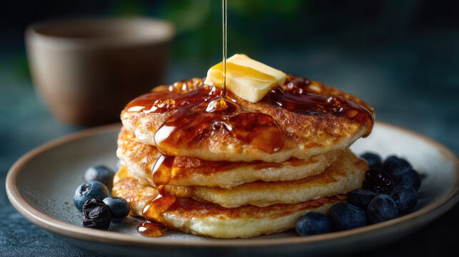 A delicious stack of pancakes topped with syrup, butter, and blueberries, a breakfast treat - Powered by Adobe