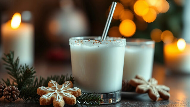 Festive holiday white cocktails served in glass with cookies and candles in the background, creating a warm atmosphere for celebrations.