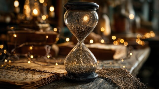 An hourglass on a rustic table, time passing. The image evokes a sense of nostalgia, focus, and the beauty of fleeting moments.